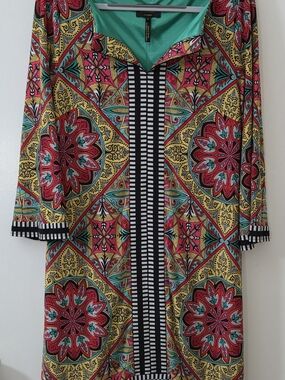 Laundry By Shelli Segal Teal, Red, Yellow & Black Printed Tunic